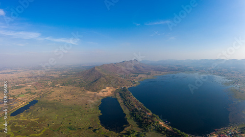 Mountain landscape, lake and mountain range, large panorama, Cambodia