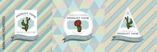 Three colored labels with illustration of cactus