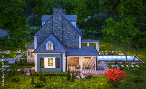 3d rendering of modern cozy classic house in colonial style with garage and pool for sale or rent with beautiful landscaping on background. Clear summer night with many stars on the sky.