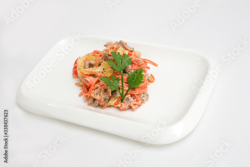 salad carrots meat potatoes white background