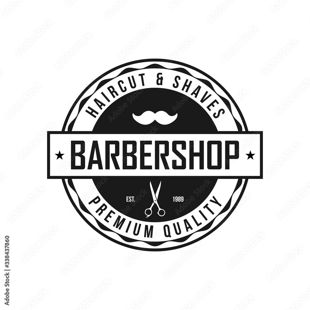 Fototapeta premium Barber shop vector vintage label, badge, or emblem on white background
