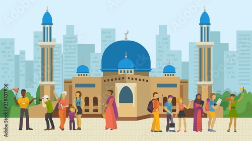 Group tourists excursion asia temple, people travel team explore oriental shrine, flat vector illustration. Character people male, female walk with guide, photography islamic place, eastern church.