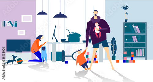 Working from home concept illustration. Lockdown, family stuck in home with kids during quarantine. Plan your day. Freelance. Work from home. Home office, remote working.  photo