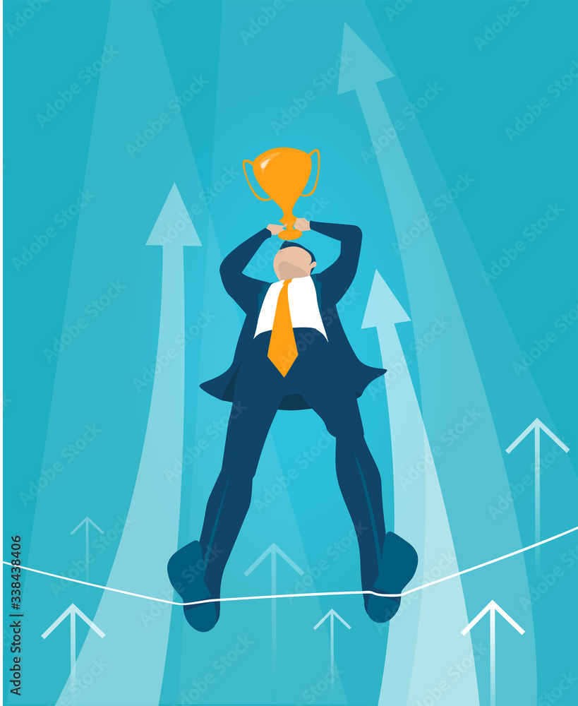 Fototapeta premium Businessman makes tight-walk walking and holding golden trophy up. Dangerous financial situation. concept illustration