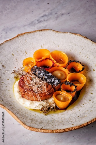 Close up pork fillet with pumpkin haute cuisine
