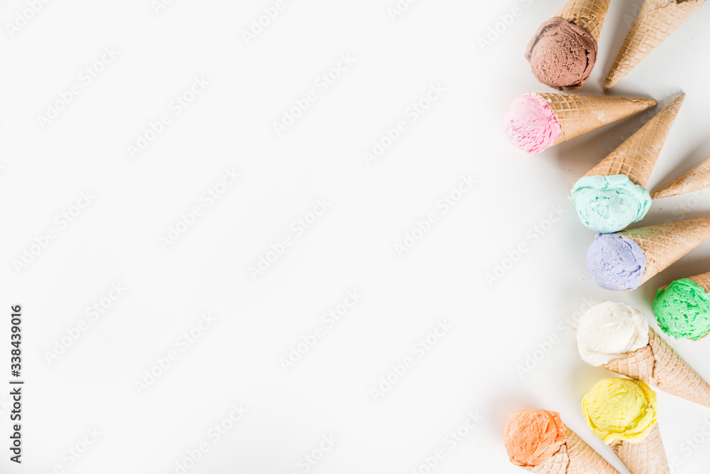 Colorful pastel ice cream with waffle cones Colorful pastel ice cream with waffle cones