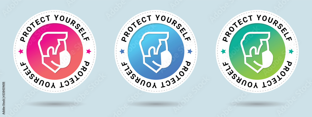 Fototapeta premium Protect yourself insignia stamp. Vector certificate icon. Set of 3 beautiful color gradients. Vector combination for certificate in flat style.