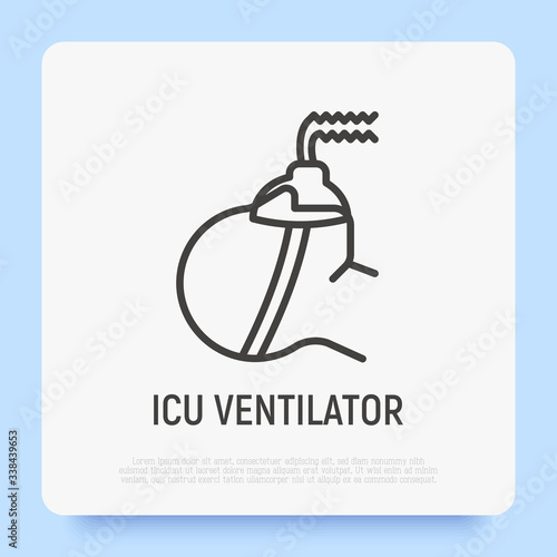 ICU ventilator, medical therapy for lungs ventilation. Thin line icon. Man lying in intensive care for COVID-19. Vector illustration.