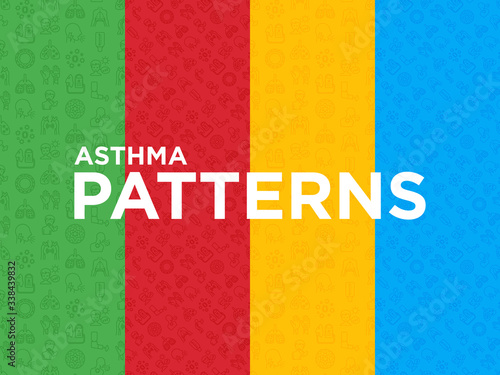Asthma seamless pattern with thin line icons: allergen, dyspnea, cough, wheezing, chest pain, diaphragm, asthma attack, hives, sputum, peak flow meter, inhaler, nebulizer. Modern vector illustration.