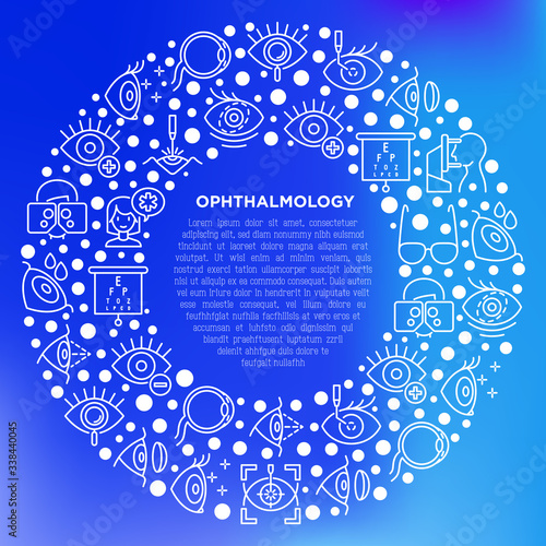 Ophthalmology concept in circle with thin line icons: laser eye surgery, eye test, eye drops, contact lenses, cataract, astigmatism, phoropter, autorefractometer, farsightedness. Vector illustration.