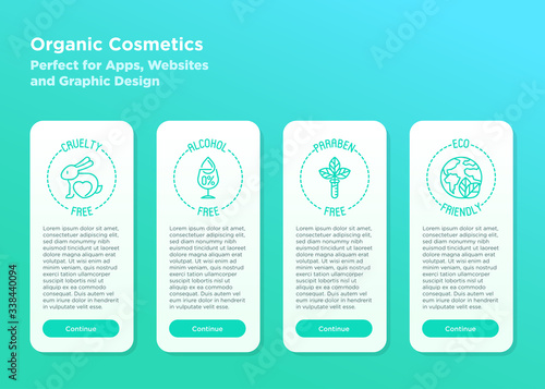 Organic cosmetics symbols. Mobile user interface with thin line icons. Cruelty free, alcohol free, eco friendly, paraben free. Template with copy space. Vector illustration.