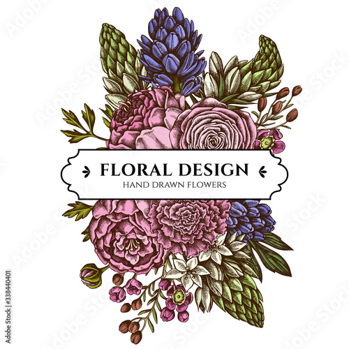 Floral bouquet design with colored peony, carnation, ranunculus, wax flower, ornithogalum, hyacinth