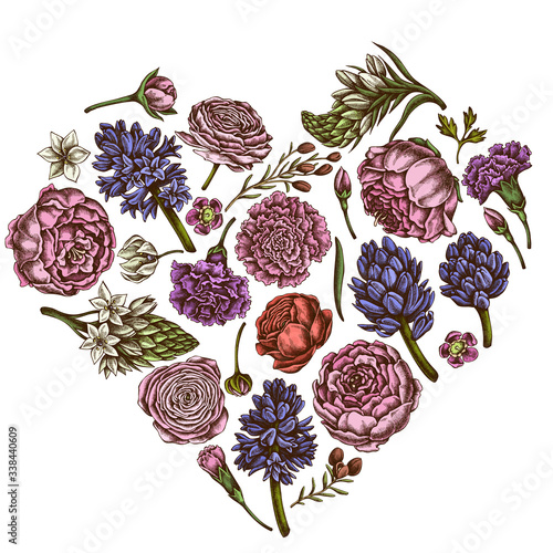 Heart floral design with colored peony, carnation, ranunculus, wax flower, ornithogalum, hyacinth