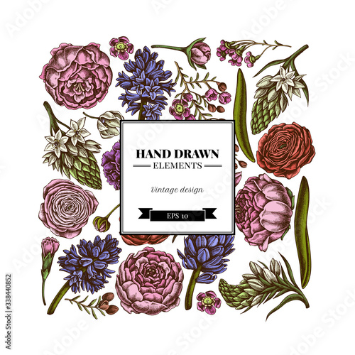 Square floral design with colored peony, carnation, ranunculus, wax flower, ornithogalum, hyacinth