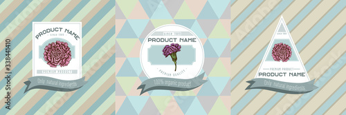 Three colored labels with illustration of carnation photo