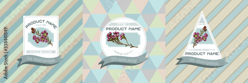 Three colored labels with illustration of wax flower
