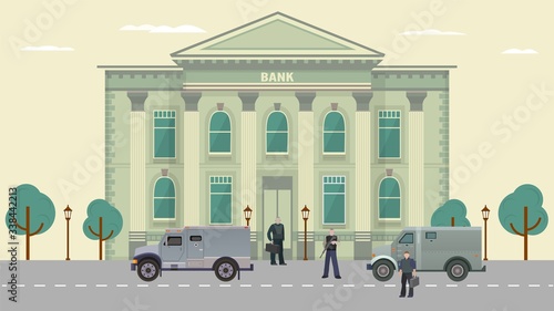 Cash transit guards vector illustration. Cartoon flat man characters in bulletproof vests standing near armored vehicle, car van before money transition from bank. Security system guarding background