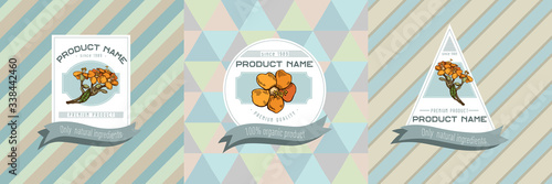 Three colored labels with illustration of milkweed