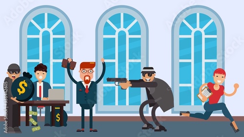 Bank robbery, criminals in hats and glasses threaten with a pistol vector flat illustration. Two robbers attack visitors, man stands with his hands up, woman runs away. Theft in bank.