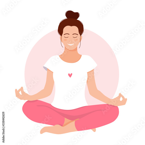 Girl meditates. Relax. Love yourself. Mental health concept. Meditation. Healthcare. Inner harmony with yourself. Take time for your self. Vector illustration. Woman meditating on white background