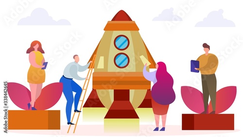 Boost buisness vector flat illustration. Men and women stand near the rocket, male climbs up the stairs. Business development strategy. People characters. Start up busines concept.