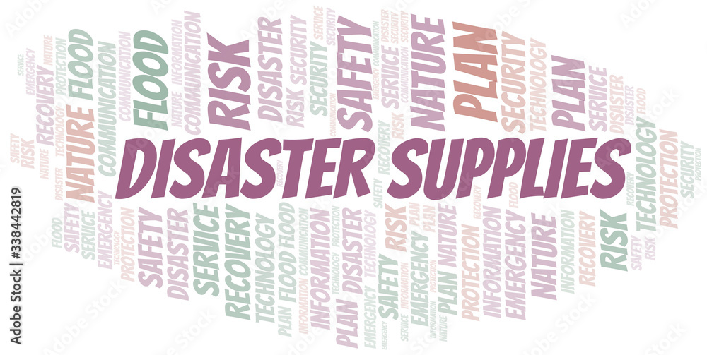 Fototapeta premium Disaster Supplies typography vector word cloud.