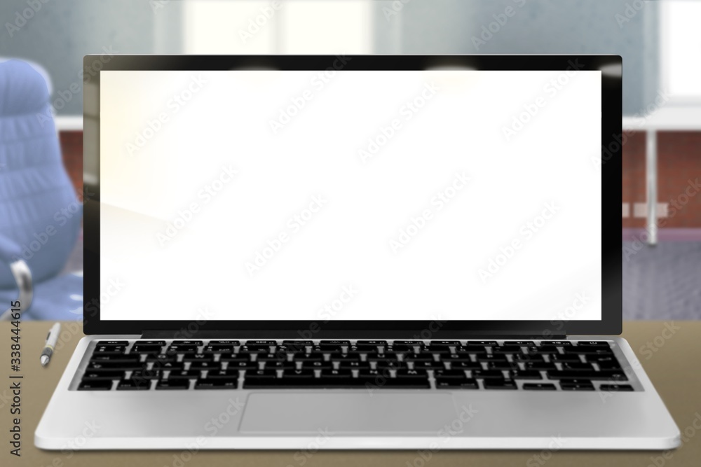 Fototapeta premium modern mock up made from real photography - notebook in the office with white empty screen