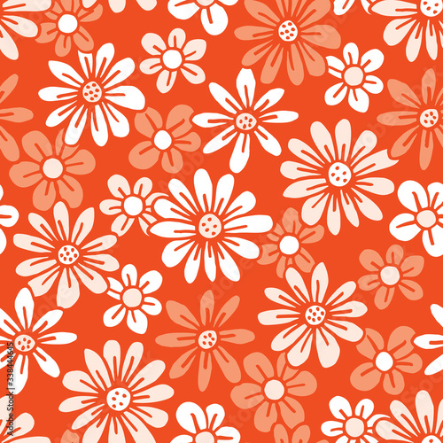 Monochrome Orange Hand Drawn Felt Tip Pen Daisies Background Floral Vector Seamless Pattern. Cream Flowers Design. Bold Large Vintage Blooms Fashion  Textile Trendy Print