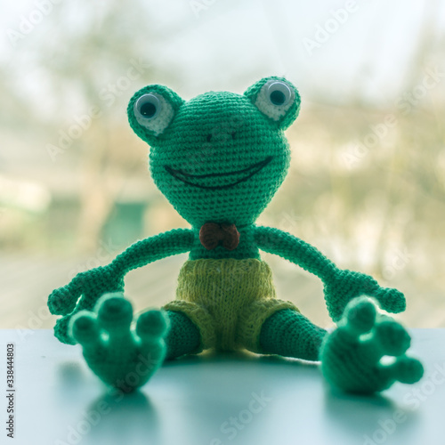Handmade doll amigurumi frog on a blurred background of an open window. © Петр Меркурьев