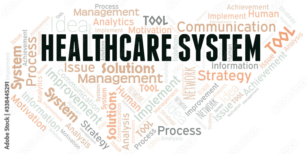 Healthcare System typography vector word cloud.