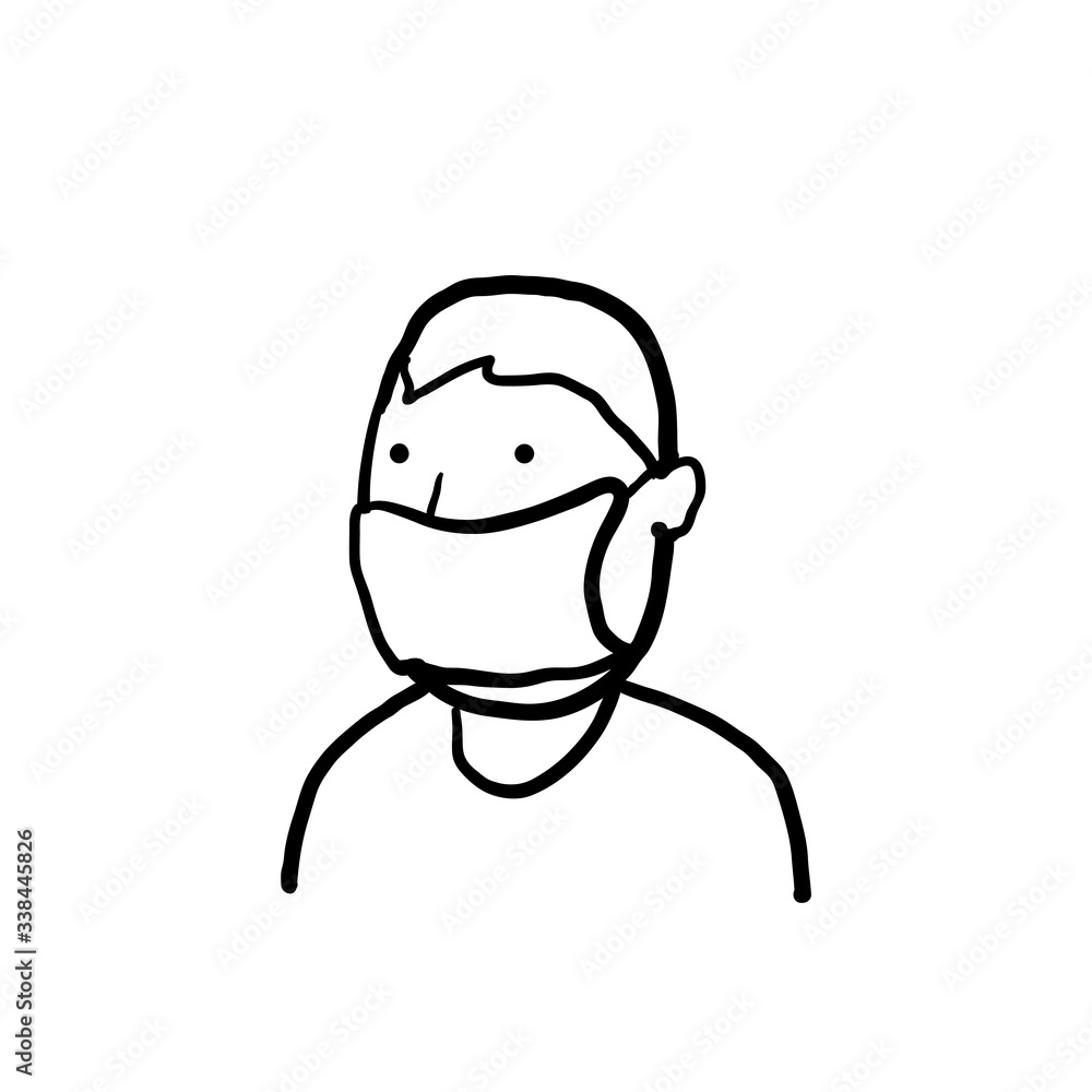 hand drawn man using medical face mask illustration in doodle style hand drawn man using medical face mask illustration in doodle style
