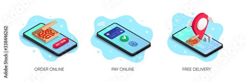 Mobile food delivery service isometric banner set with 3d pizza in box, map pointer, smartphone screen. Ordering, online payment, shipping concept. Vector illustration for web, ad, app, social media