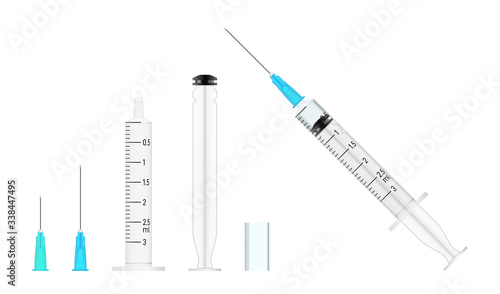 Realistic medical syringe constructor with needles, plunger, barrel and vaccine liquid.