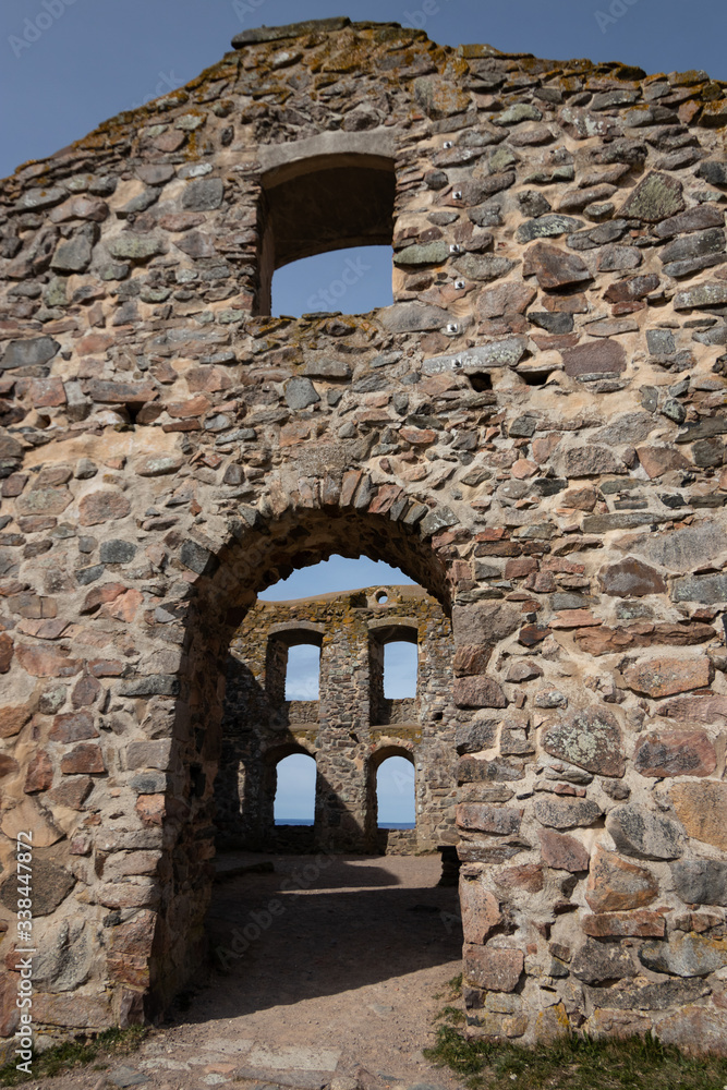 Ruins of the Brahehus Sweden. Free entry. The entrance of the house. Lake Vattern can be seen through the windows.