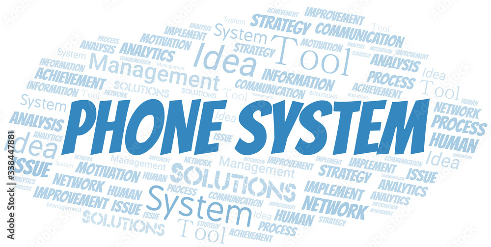 Phone System typography vector word cloud. Phone System typography vector word cloud.