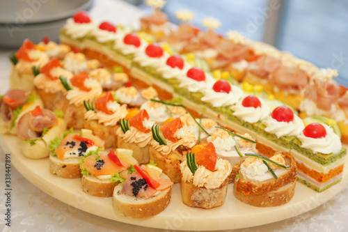 Decorated food on table prepared for wedding guests