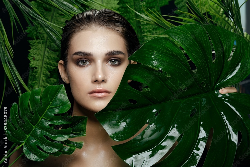 beautiful woman green leaves exotic tropics luxury beautiful woman green leaves exotic tropics luxury