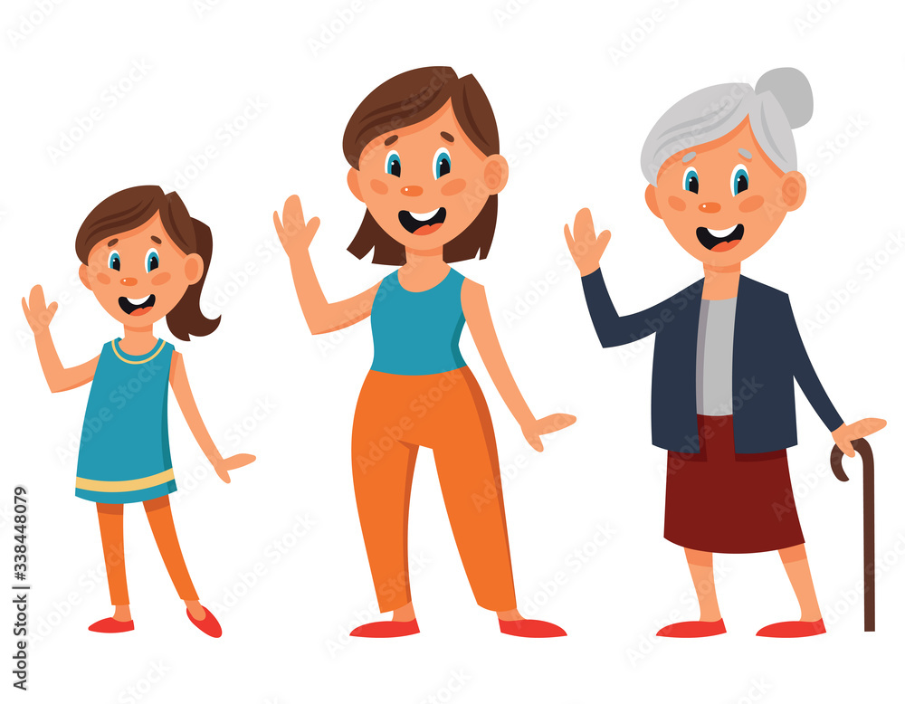 Female character of different ages. Girl, woman and old woman in cartoon style. Female character of different ages. Girl, woman and old woman in cartoon style.