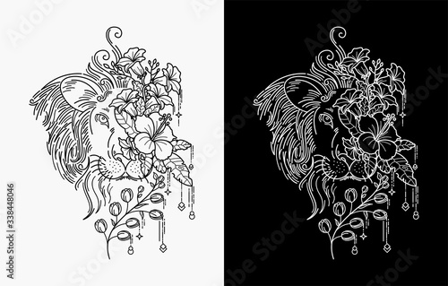 lion head with flower tattoo, monoline design	
