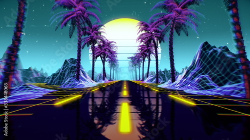 80s retro futuristic sci-fi background. Retrowave VJ videogame landscape with neon lights and low poly terrain grid. Stylized vintage cyberpunk vaporwave 3D render with mountains  sun and stars. 4K