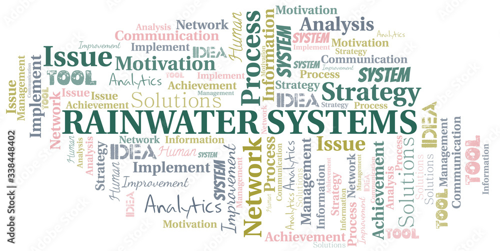 Rainwater Systems typography vector word cloud. Rainwater Systems typography vector word cloud.