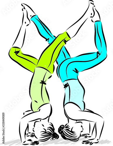 posture 2 yoga women together vector illustration