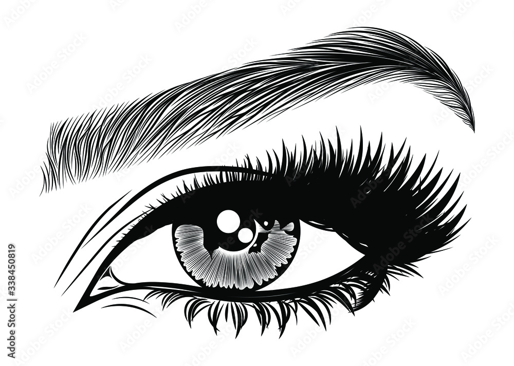 Obraz premium Illustration with woman's eye, eyelashes and eyebrow. Makeup Look. Tattoo design. Logo for brow bar or lash salon.
