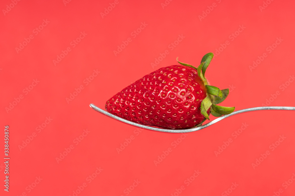 Fresh strawberry on a fork against red background Fresh strawberry on a fork against red background