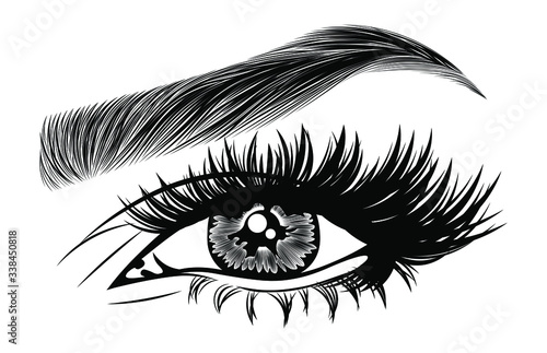 Illustration with woman's eye, eyelashes and eyebrow. Makeup Look. Tattoo design. Logo for brow bar or lash salon.