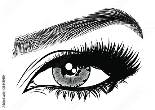 Illustration with woman's eye, eyelashes and eyebrow. Makeup Look. Tattoo design. Logo for brow bar or lash salon.