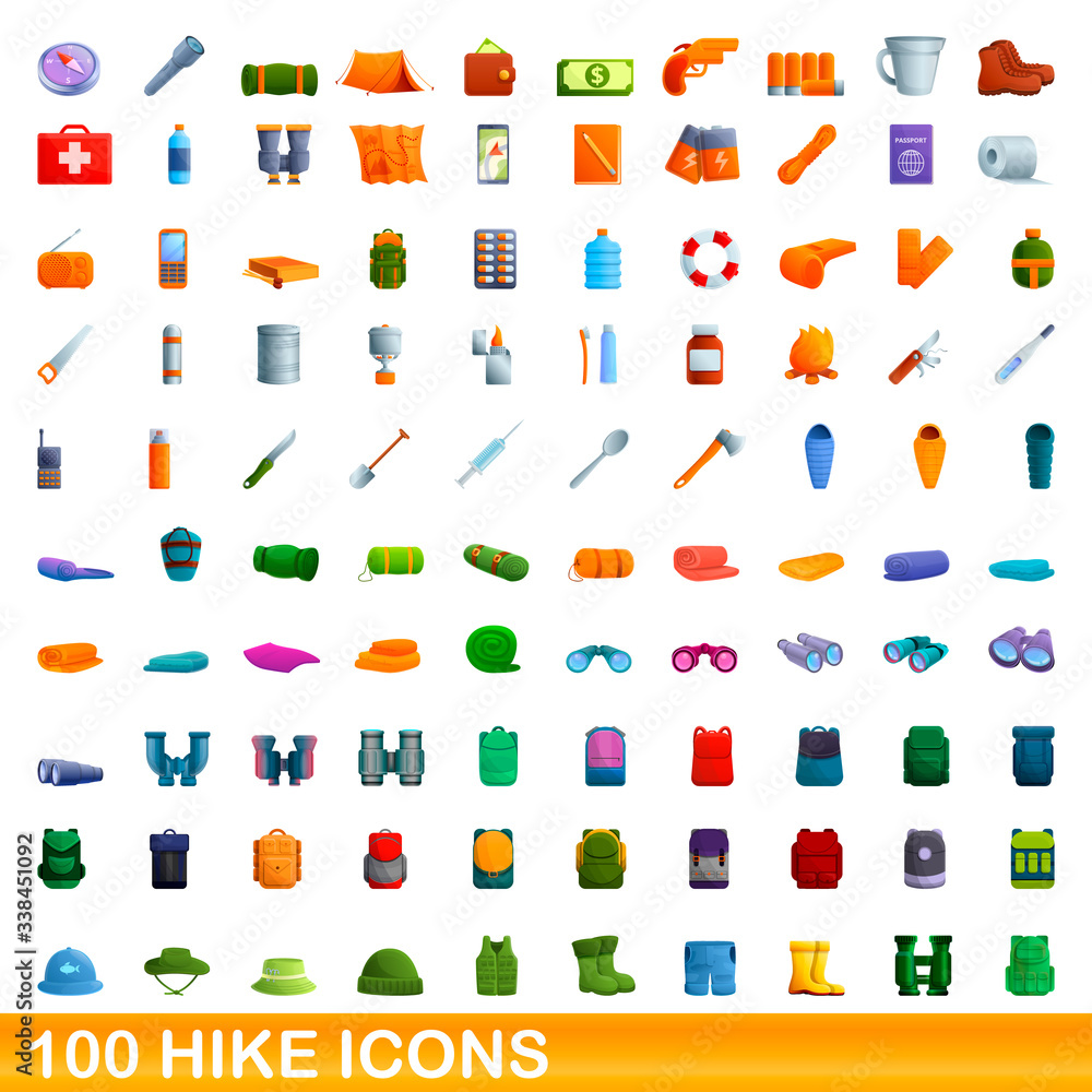 100 hike icons set. Cartoon illustration of 100 hike icons vector set isolated on white background 100 hike icons set. Cartoon illustration of 100 hike icons vector set isolated on white background