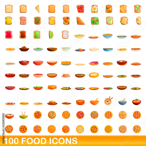 100 food icons set. Cartoon illustration of 100 food icons vector set isolated on white background
