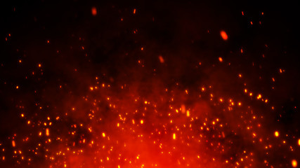 Fire embers particles over black background. Fire sparks background. Abstract dark glitter fire particle lights.