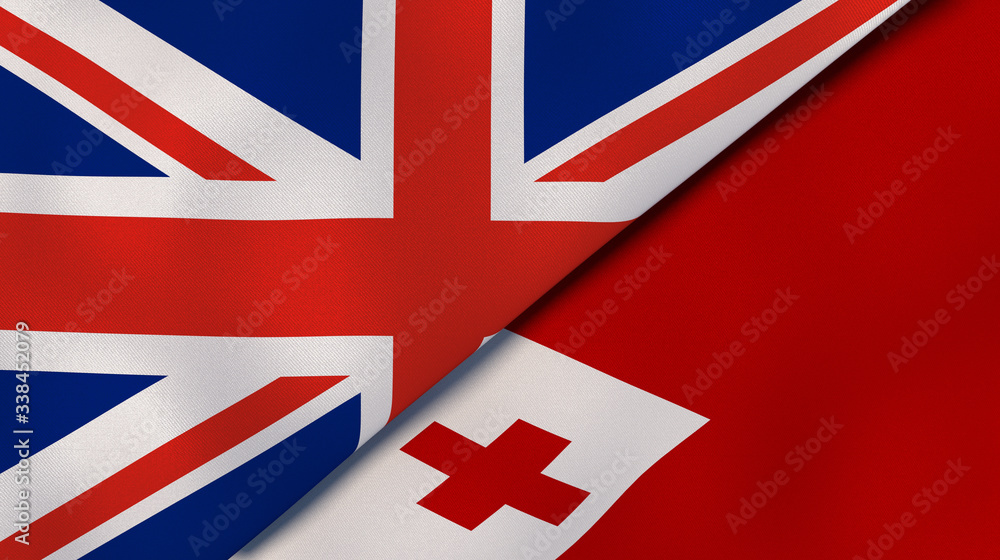 The flags of United Kingdom and Tonga. News, reportage, business background. 3d illustration